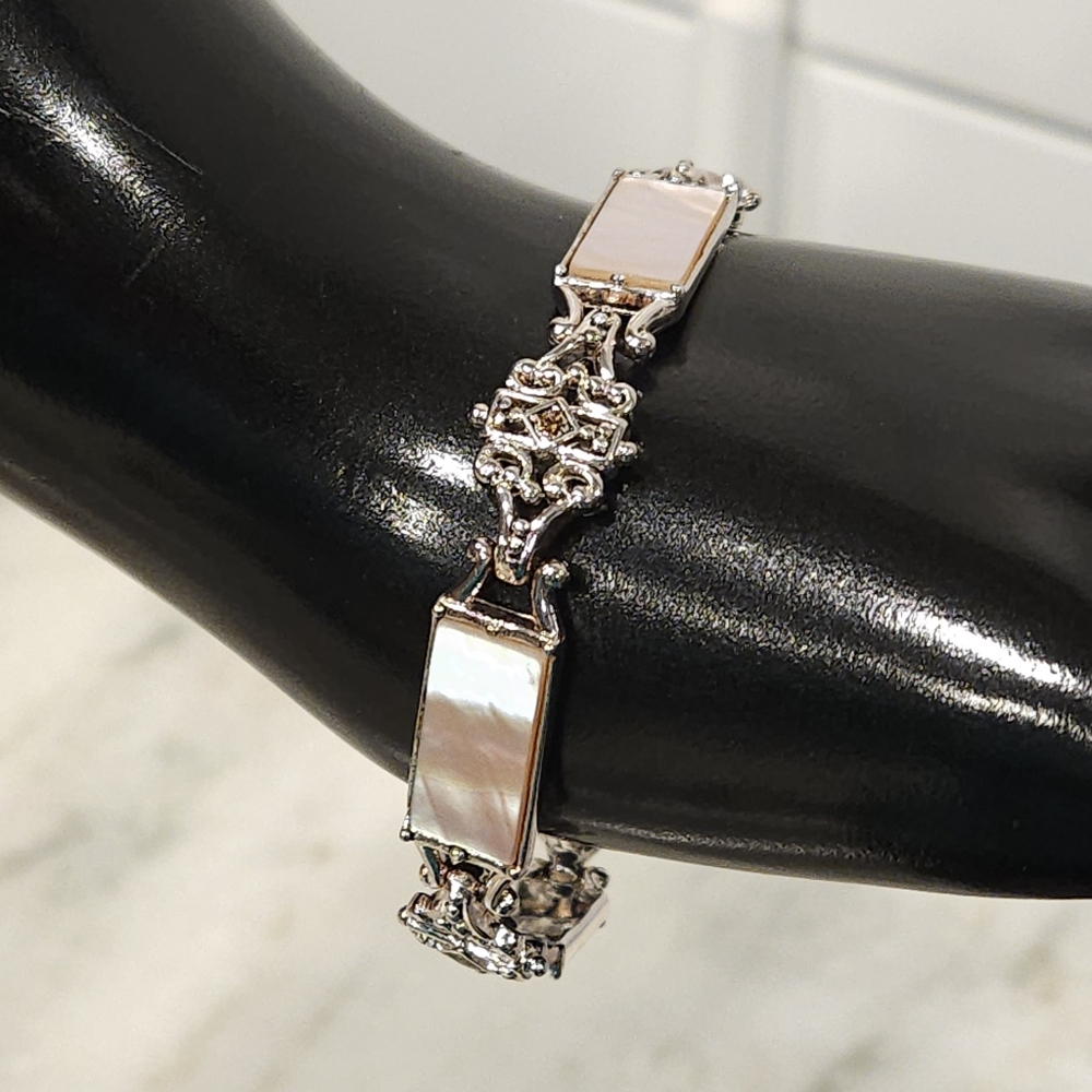 Vintage Pink Mother of Pearl Art Deco Silver Plated Panel Link Bracelet 7.5-inch
